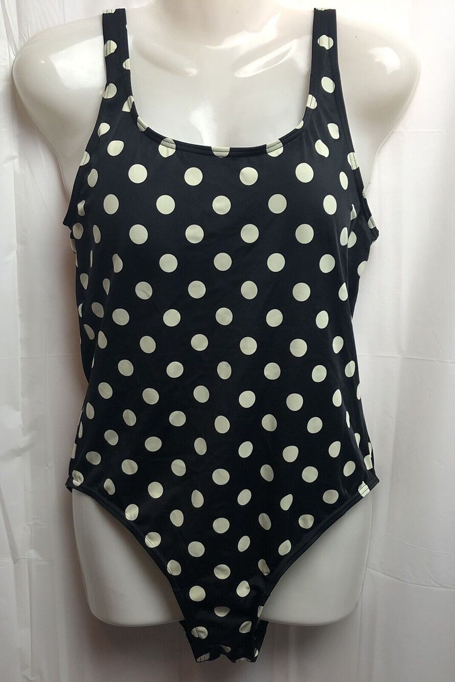 Swimsuit One Piece Women Large Black Ivory Polka Dot Pattern Padded Tank Classic
